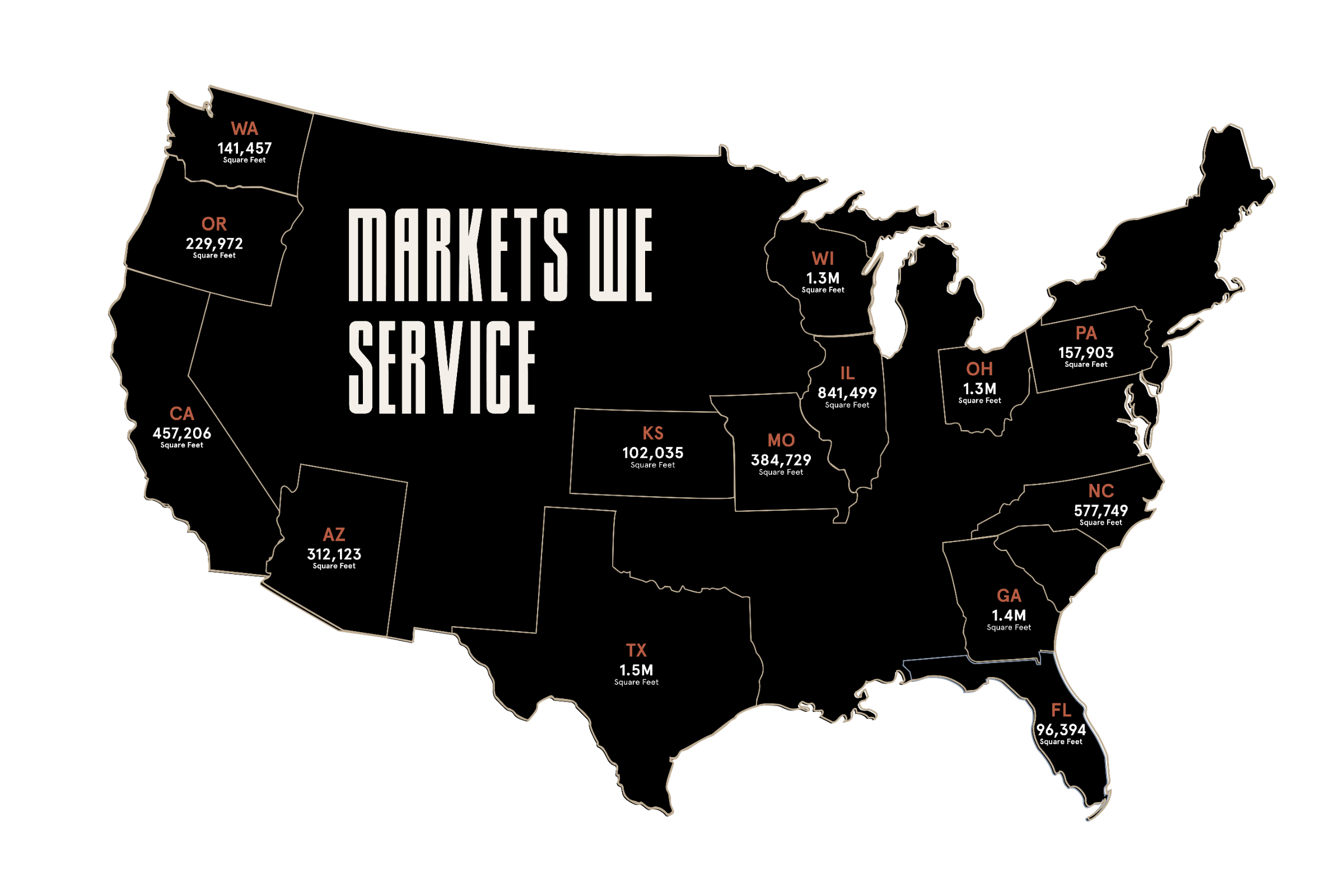 Markets we service — Workspace portfolio square footage by state
