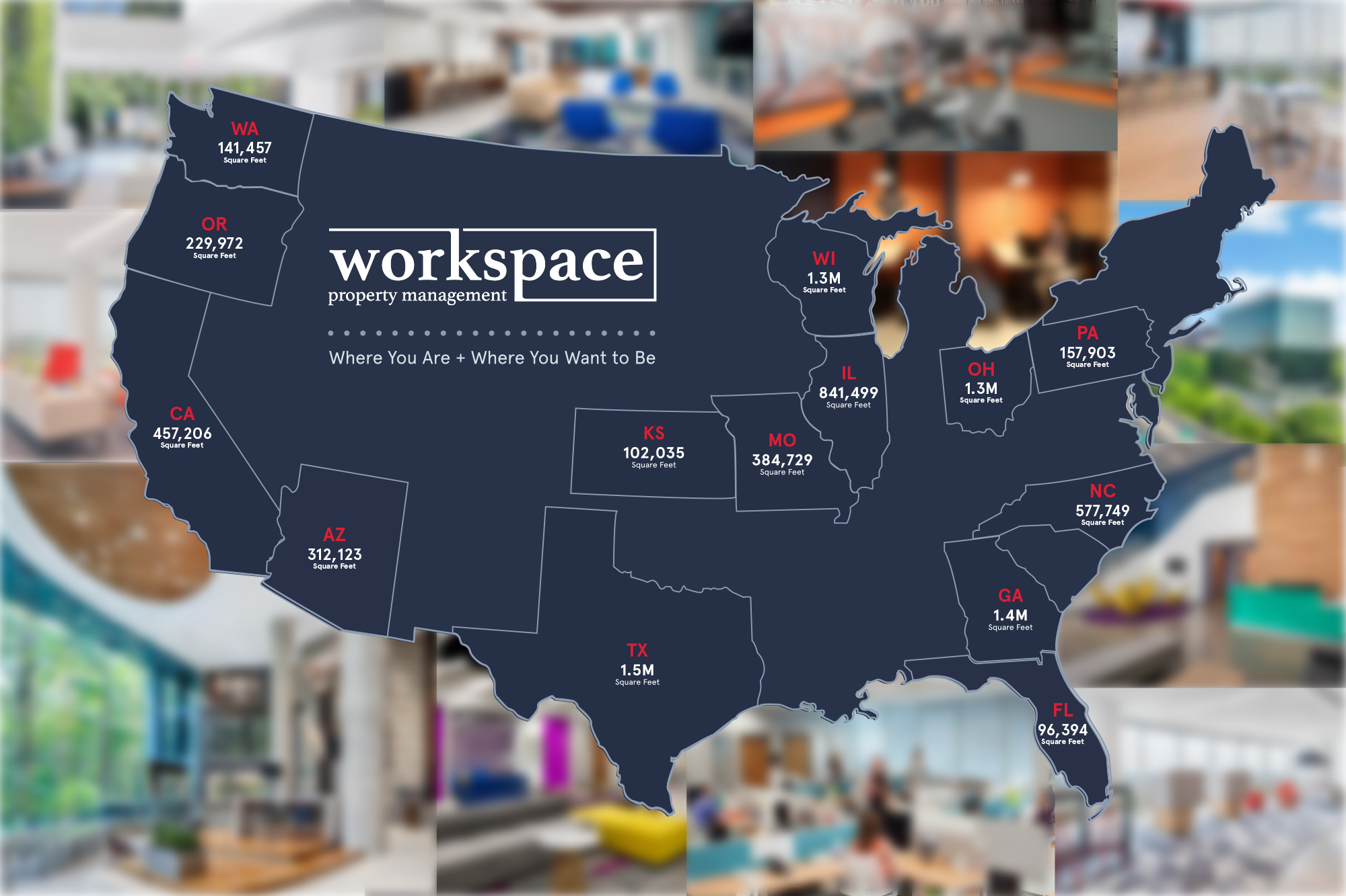 Workspace national portfolio map — square footage by state